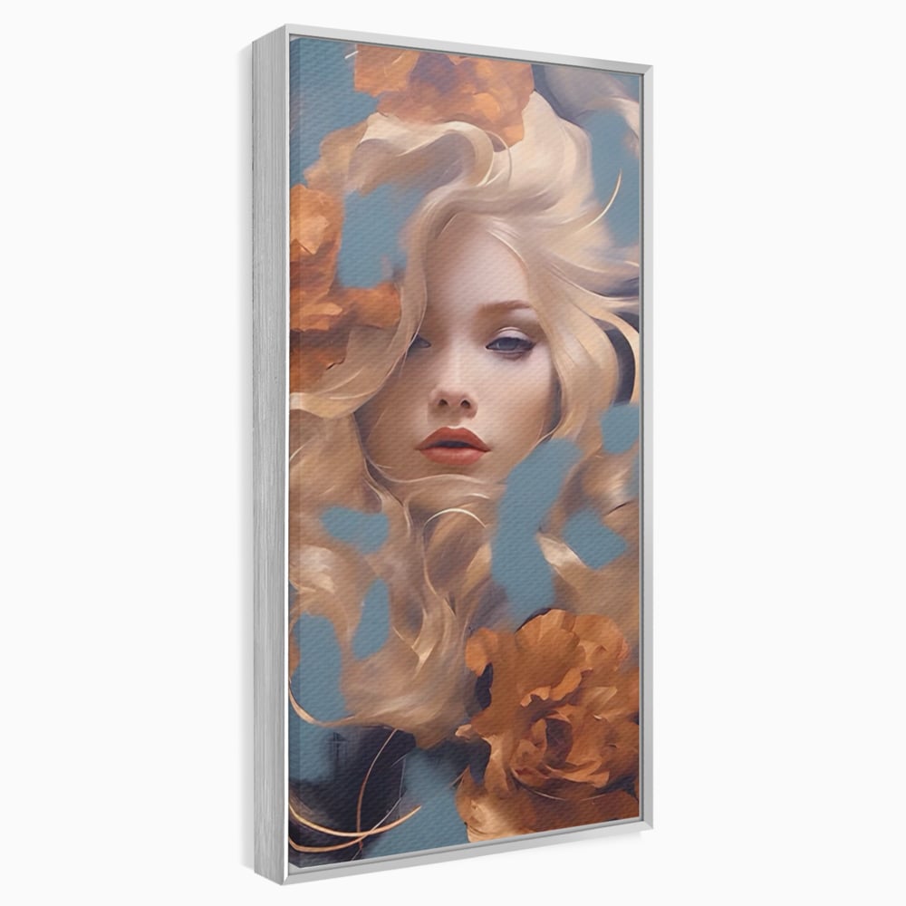 Tablou canvas cu portret de femeie cu flori portocalii, in rama de aluminiu argintiu